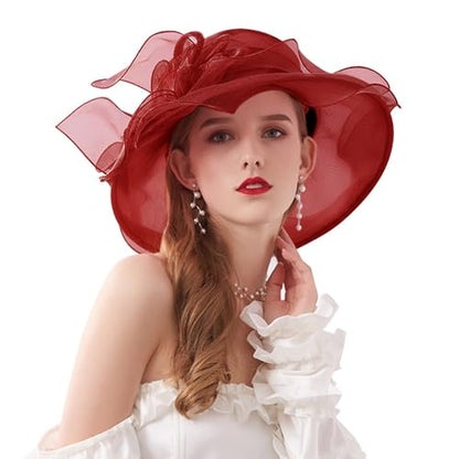 AQOKKA Women Organza Church Fascinators Kentucky Derby Hats for Women and Girls Wedding Flower Tea Party Hat with Wide Brim - color: Simulated Flower : Burgundy