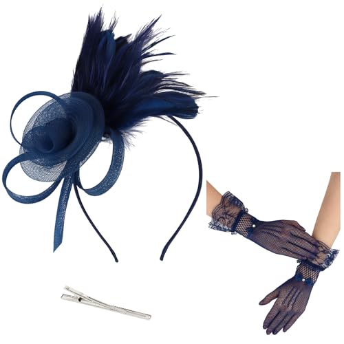 Womens Fascinators Hats and Lace Fishnet Gloves Short Tea Party Hats Feather Headband for Wedding Cocktail - color: Midnight Blue