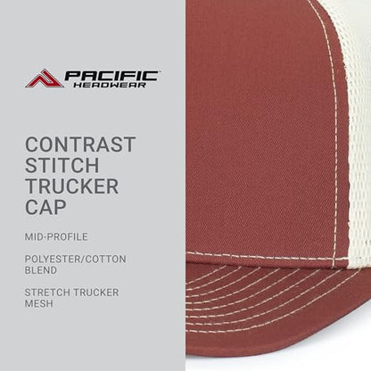 Pacific Headwear Contrast Stitch Trucker Pacflex Snapback Cap - color: Brick/Beige/Brick