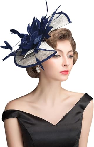 ORIDOOR Women Fascinators Derby Church Tea Party Wedding Flower Feathers Headpiece with Headband Clips - color: 02-navy Blue White