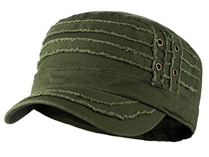 D&Y Unisex 100% Cotton Military Cadet Hat - Distressed Frayed Flat Top Cap - Adjustable Everyday Patrol Hat - color: Olive