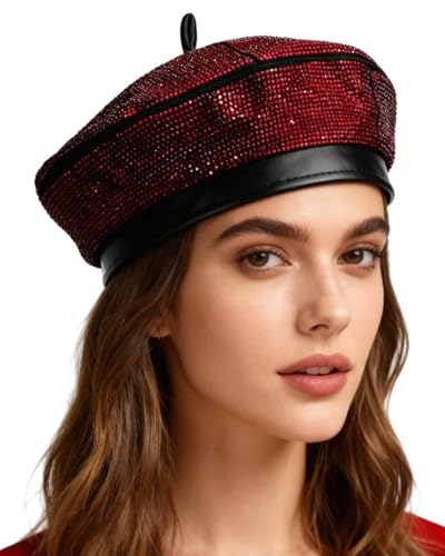 MINGSEECESS Women PU Leather French Black Beret Hat Causal Beanie Hat - color: Rhinestone-red
