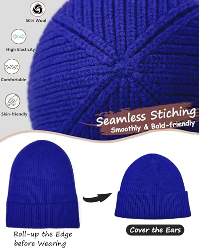 Wool Beanie for Men Women, Seamless Knit Cuffed Warm Winter Hats - color: 1pcs-blue