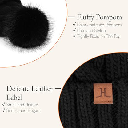FZ FANTASTIC ZONE Womens Pom Pom Winter Warm Beanie Hat Cap Fleece Lined - color: Black