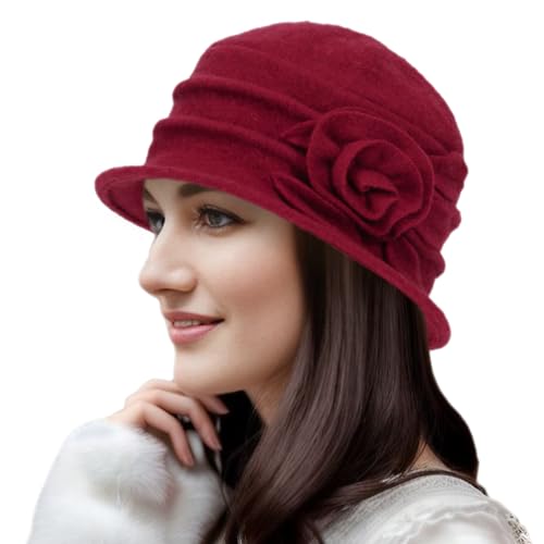 Winter Cloche 100% Wool Bucket Hat for Women Elegant Dress 1920s Vintage Fedora Hats Church Derby Party Fashion - color: 1red