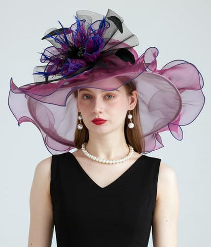 Women's Organza Church Kentucky Hat Fascinato Wedding Cocktail Tea Party Derby Hats Sun Hat - color: 01-purple Red