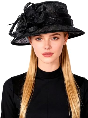 HIMESPORT Retro Sinamay Veil Flower Bride Wedding Fascinator Hat Feather Bowler Hat Hair Accessory Banquet Cocktail Party - color: Black 1