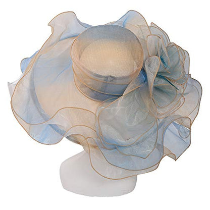 Women Oganza Sun Hat Church Wide Brim Wedding Formal Fascinator Hat - color: Light Blue