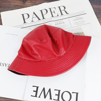 MILAKOO Pu Leather Bucket Hat for Unisex Reversible Fishing Cap Metallic Retro 80s 90s Fisherman Hat - color: D: Red
