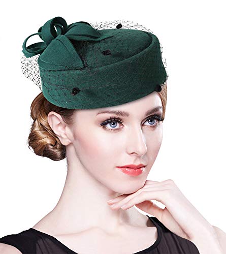 Z&X British Vintage Wool Felt Pillbox Hat Ladies Church Derby Winter Fascinator Hat Veil Flower Fedoras - color: A- Green