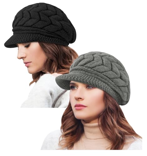 YSense 2 Pack Womens Winter Hats Warm Knit Beanie with Visor - color: Black Dark Grey