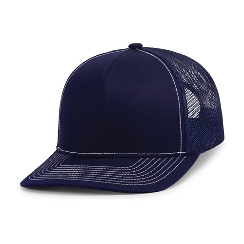 Pacific Headwear Contrast Stitch Trucker Snapback - color: True Navy/White