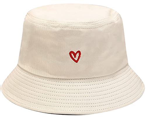 XYIYI Fashion Embroidery Bucket Hat Cotton Beach Fisherman Hats for Women Girls - color: Heart Beige