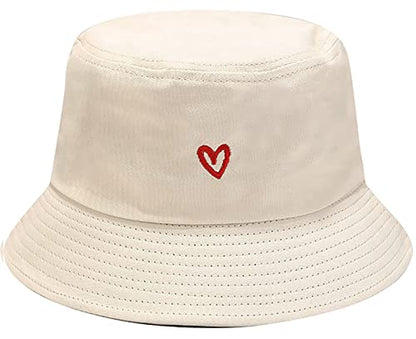 XYIYI Fashion Embroidery Bucket Hat Cotton Beach Fisherman Hats for Women Girls - color: Heart Beige