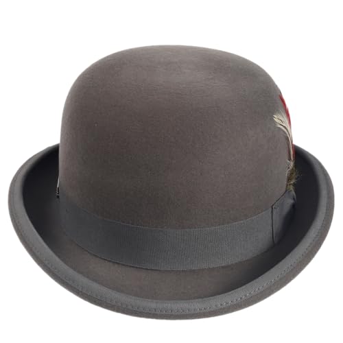 Men's Wool Fedora Hats Women Felt Bowler Derby Hat with Feather - color: Grey, size: Large