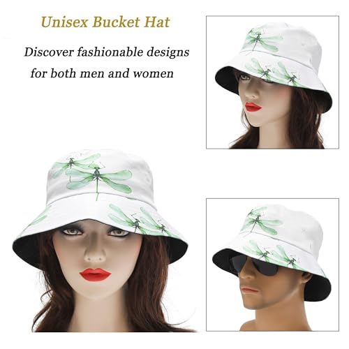 ZLYC Printed Bucket Hat for Women Men Packable Summer Sun Hat for Beach - color: Dragonfly White