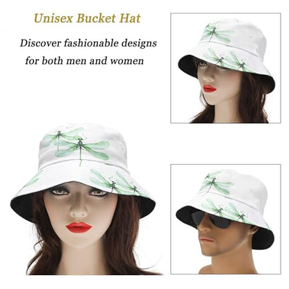 ZLYC Printed Bucket Hat for Women Men Packable Summer Sun Hat for Beach - color: Dragonfly White