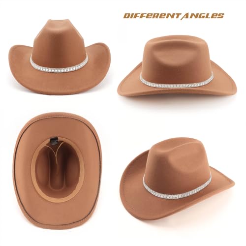 DRESHOW Western Cowboy Hat for Women and Men Wide Brim Glitter Cowboy Cowgirl Hat with Rhinestone Felt Fedora Hats - color: 1 Pack Style 10: Khaki