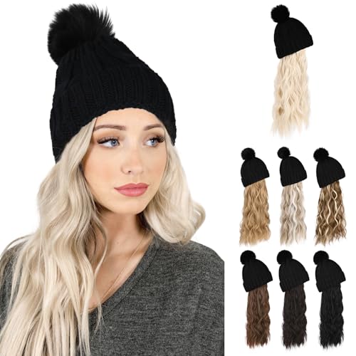 Flufymooz Beanie Wig, Hat Hair Extension Long Wavy Curly Black Hat Wig with Faux Fur Pom, Attached 20 Inch Synthetic Hairpiece for Women Girls Winter （Cool Platinum Blonde - color: Black Hat-cool Blonde, size: 20 Inch