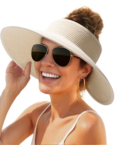 FURTALK Womens Sun Hat with Ponytail Hole Wide Brim Beach Straw Visor - color: Beige