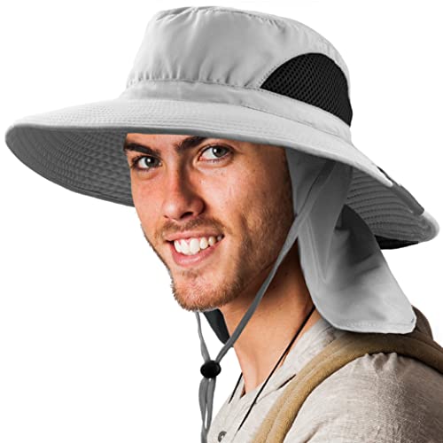 SUN CUBE Wide Brim Sun Hat for Men & Women, UPF 50+ UV Protection, Mesh Boonie Hat with Chin Strap, Fishing Hiking Hat - color: Light Grey With Flap