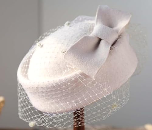 ORIDOOR Women's British Style Pillbox Church Derby Wedding Winter Vintage Fascinator Beret 100% Wool Felt Veil Hat - color: 01a-white