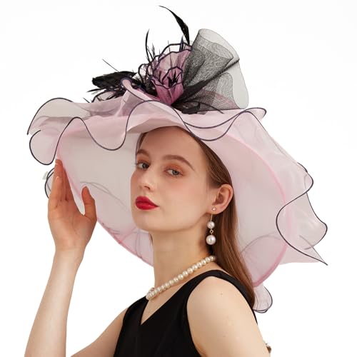 Women Organza Church Derby Hat Wide Brim Sun Caps for Wedding Tea Party Hat with Detachable hat Flower as Headgear - color: 11-pink