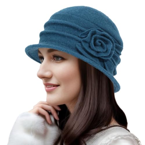 Winter Cloche 100% Wool Bucket Hat for Women Elegant Dress 1920s Vintage Fedora Hats Church Derby Party Fashion - color: 1blue