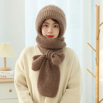 Women Winter Warm Elastic Soft Ear Protection Knitted Scarf Hat Fleece Lined Beanie Hat - color: Khaki