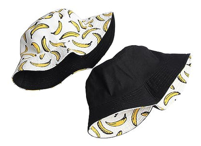 Novelty Fruit Print Bucket Hats Summer Fishing Cap Reversible Packable Sun Hat for Women, Men - color: Banana Print White Hat, size: Medium-Large