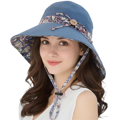 Women Bohemian Reversible Sun Hat Wide Brim Fishing Hats - color: Lac001-blue