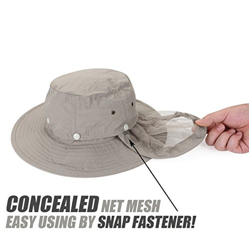 USHAKE Head Net Hat, Safari Hat Sun Hat Bucket Hat with Hidden Net Mesh - color: Khaki+khaki