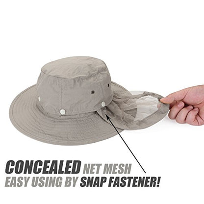 USHAKE Head Net Hat, Safari Hat Sun Hat Bucket Hat with Hidden Net Mesh - color: Khaki+khaki