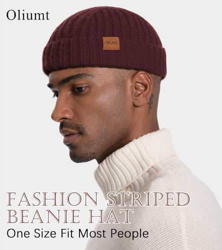 Fisherman Short Beanie Hats for Men, Knit Skull Cap Cuff Trawler Hat Mens Stylish Watch Cap Winter Warm Hat for Daily Wear - color: Wine Red