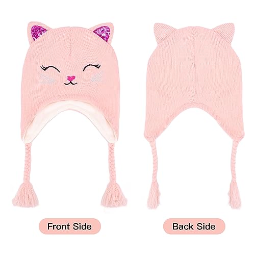 Toddler Girls Cat Ear Winter Hat Warm Knit Beanie Kids Earflap Cap for Cold Weather - color: Knitted Cat Black