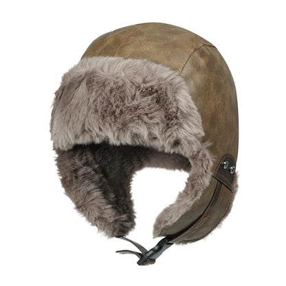 Croogo Eskimo Hat Russian Ushanka Cossack Trooper Hat Leather Trapper Aviator Hats Fur Lined Earflap Winter Cap Snow Ski Hats - color: Pl2508-olivebrown