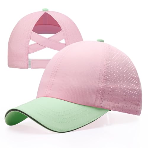 Girls Criss Cross Ponytail Hat Mesh Baseball Cap Kids Quick Dry Ponycap Hats Outdoor Summer Sports Hat Age 7-12 - color: Pink 01