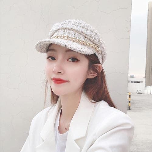 Women Plaid-Tweed Newsboy-Baker-Boy Hat Captain-Sailor Fisherman Hat Peaked-Beret with Chain - color: White