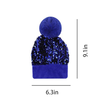 Women Girls Winter Sequin Beanie Hat with Faux Fur Pom Pom Knit Skull Cap - color: Blue