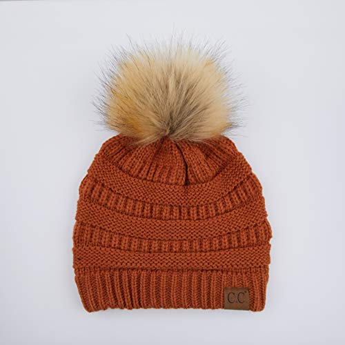 C.C Fur Pom Winter Fall Trendy Chunky Stretchy Cable Knit Beanie Hat - color: Solid Rust