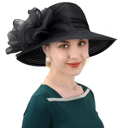 DRESHOW Lady Derby Dress Church Bowler Cloche Hat Bowknot Organza Bridal Cap for Wedding - color: 1 Pack Bowler Hat: Black