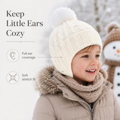 Toddler Baby Winter Hat with Earflap Kids Warm Twisted Knit Hat Infant Pom Pom Beanie Ski Cap for Baby Girls Boys - color: Beige, size: 2-6 Years