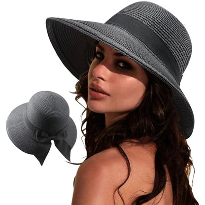 DRESHOW Sun Hats for Women Travel Fedora Foldable Beach Sun Hat Summer Wide Brim Straw Bucket Hat with Bowknot UPF 50+ - color: 1 Pack Bowknot Straw Hat: Black