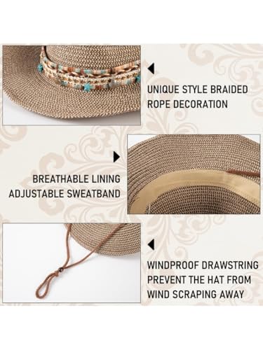 Hat for Summer - Women's Straw Cowboy Hat with Turquoise Starfish Beaded Band and Adjustable Chin Strap - Coastal Boho Western Sun Hat in Khaki