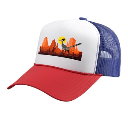 Roadrunner Bird Desert Vibes Arizona New Mexico Nevada Trucker Hat with Adjustable Mesh Back - color: Red/White/Royal Blue