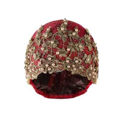 haozaikeji Women Flower Turban Hat Rhinestones Muslim Islamic Head Wrap African Pearl Turban Soft Stretchy Head Cover - color: Red