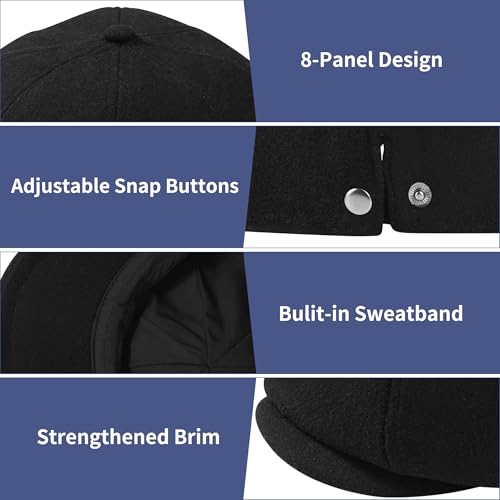 Men's Wool Blend Newsboy Cap Adjustable Gatsby Ivy Newsies Cabbie Hat Classic 8 Panel Tweed Flat Winter Hat - color: Pure Black, size: Medium