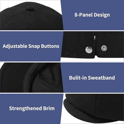 Men's Wool Blend Newsboy Cap Adjustable Gatsby Ivy Newsies Cabbie Hat Classic 8 Panel Tweed Flat Winter Hat - color: Pure Black, size: Medium