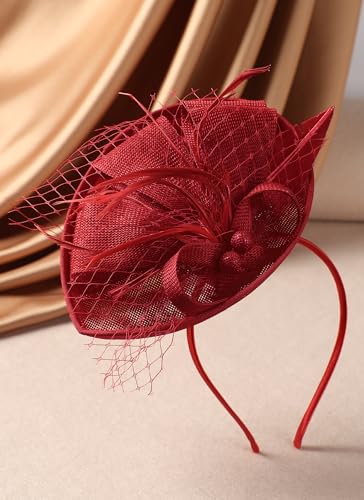 Zinniday Fascinator Tea Party Hat - 2026 Derby Pillbox Kentucky Hat for Women (7.87x5.9inch) - color: Red