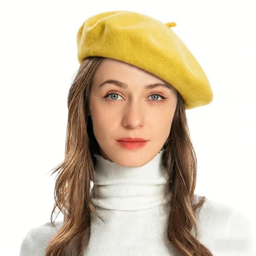 ZLYC Wool French Beret Hat Solid Color Classic Artist Cap for Women - color: Basic Yellow
